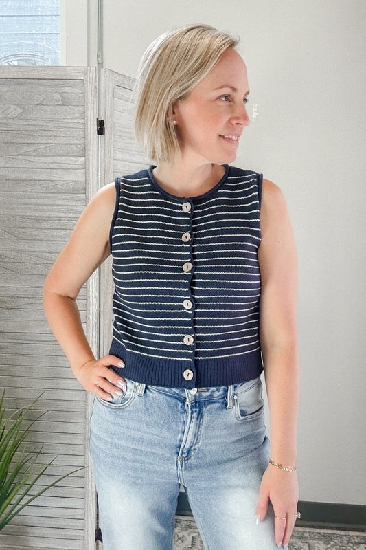 Women's knit button up navy blue striped vest nautical 