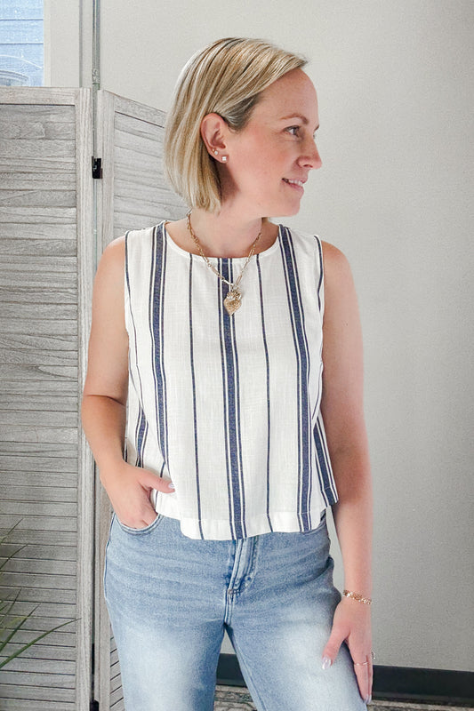 Women's woven striped cropped tank top ivory navy nautical buttons