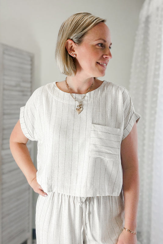 Women's striped linen blend cropped top