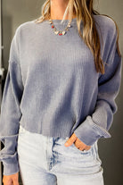 A waffle knit long sleeve top blue