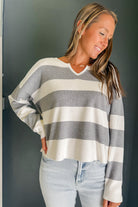 Women's striped henley neck sweater grey