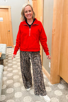 Women's fleece-lined half zip pullover red