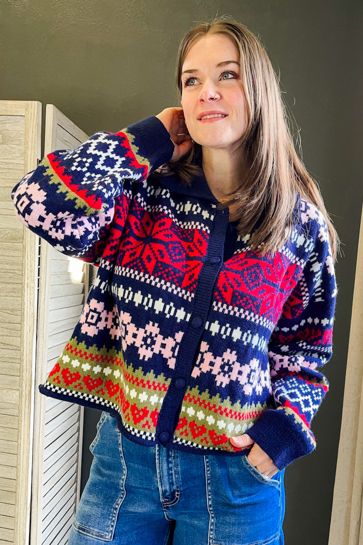 Women's knit fair isle printed button up cardigan navy