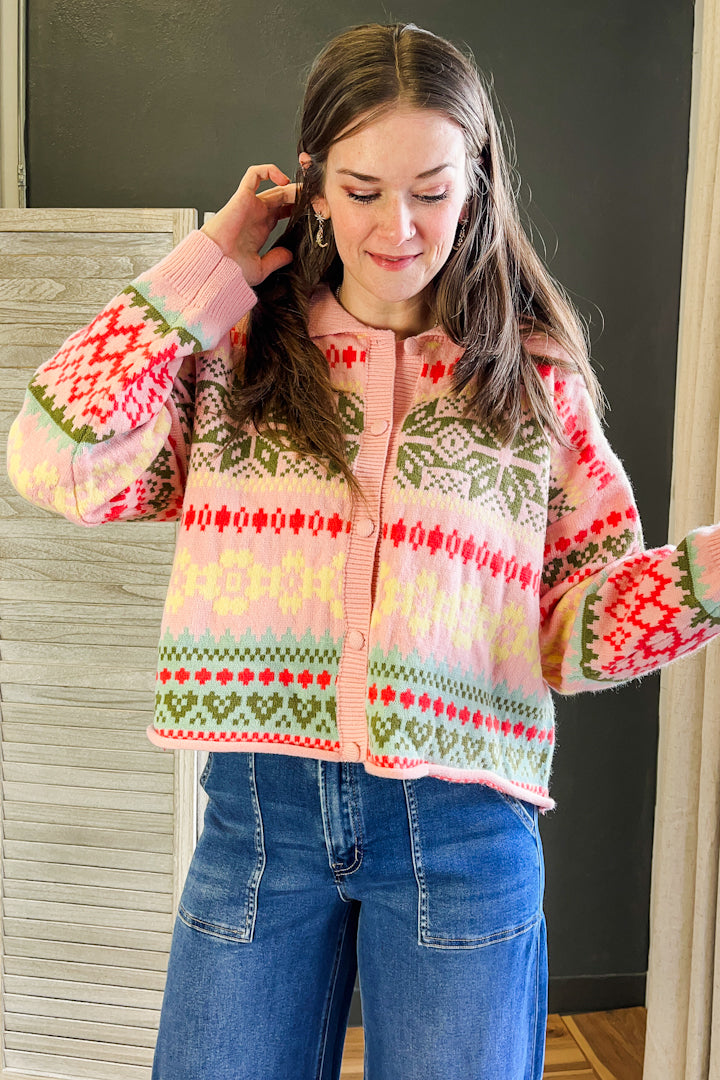 Women's knit fair isle printed button up cardigan pink