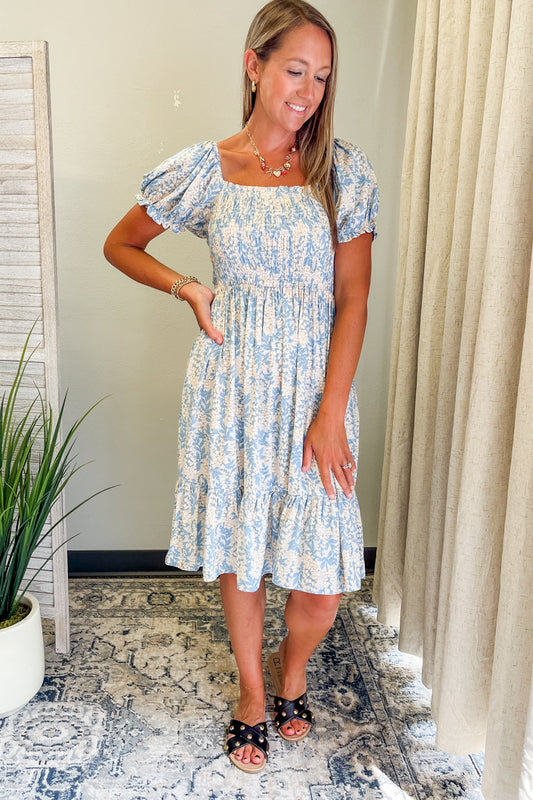 Women's floral dress with smocked details and puff sleeves blue beige