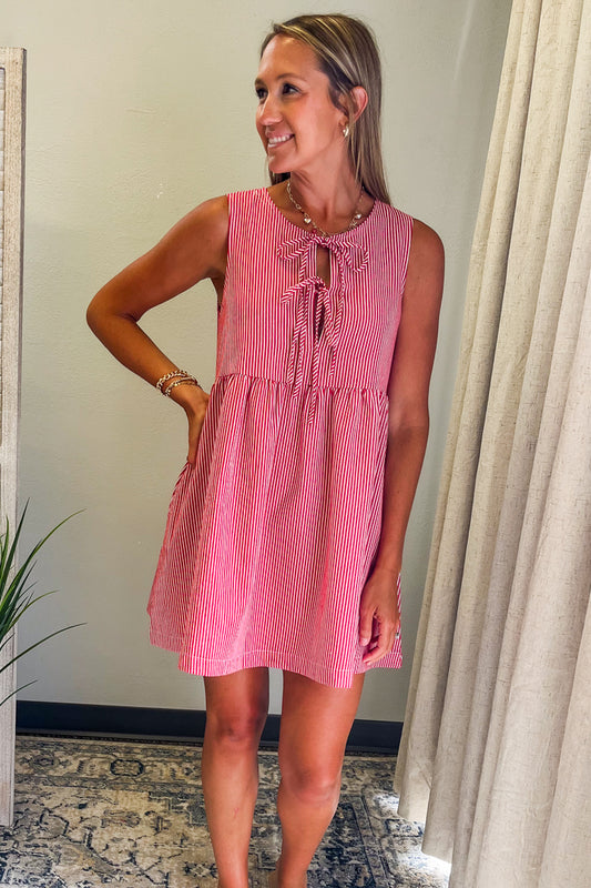 Women's striped dress with bow tie front details red white