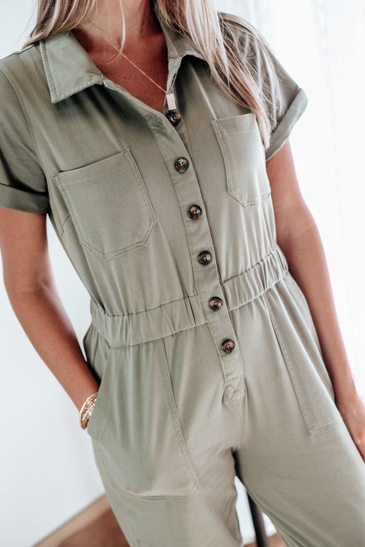 womens olive green jumpsuit short sleeve button front