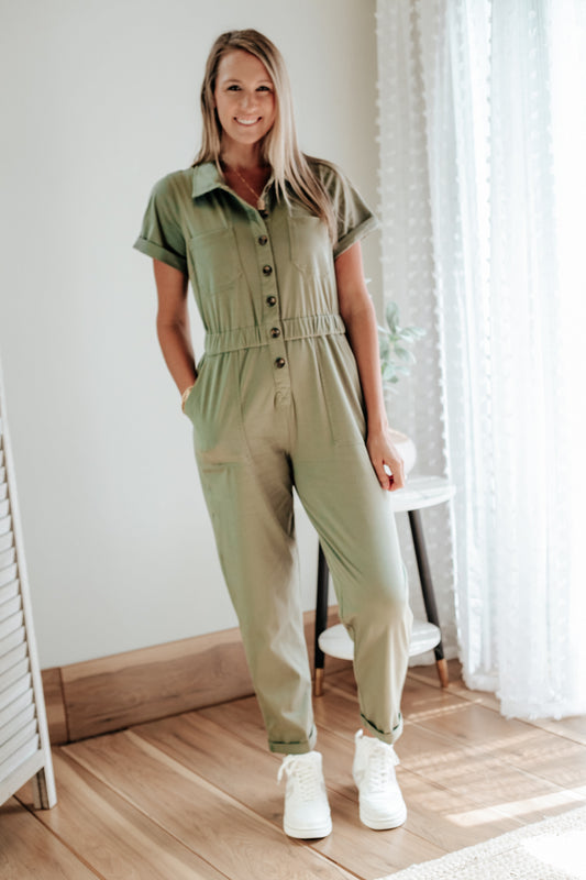 womens olive green jumpsuit short sleeve button front