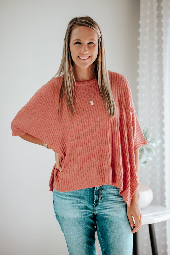 womens brick pink knit poncho half sleeve sweater top