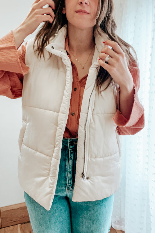 ivory ecru quilted puffer vest fall winter