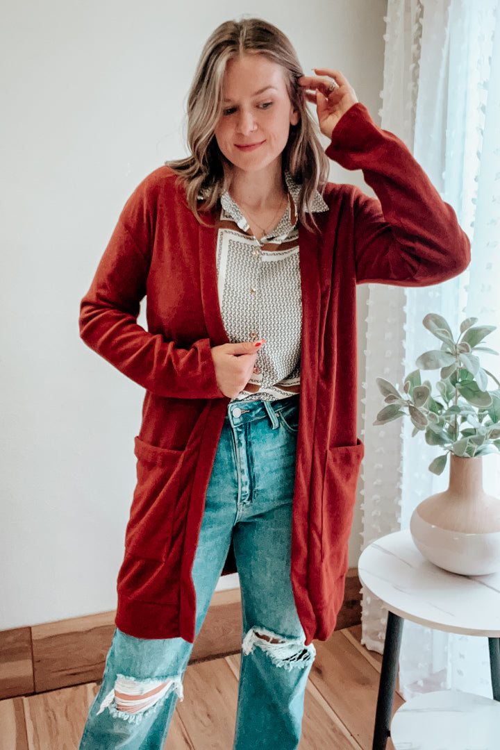 womens soft knit long pocket cardigan rust