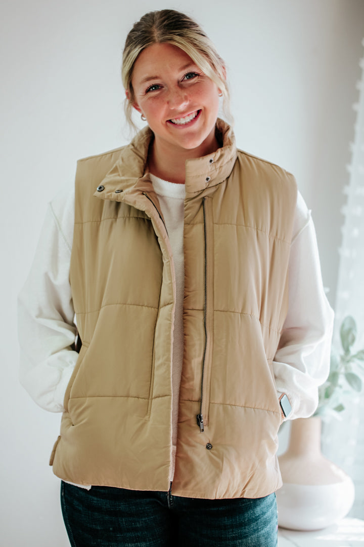 taupe tan quilted puffer vest fall winter