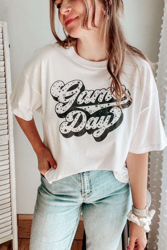 womens white game day graphic tee t-shirt short sleeve
