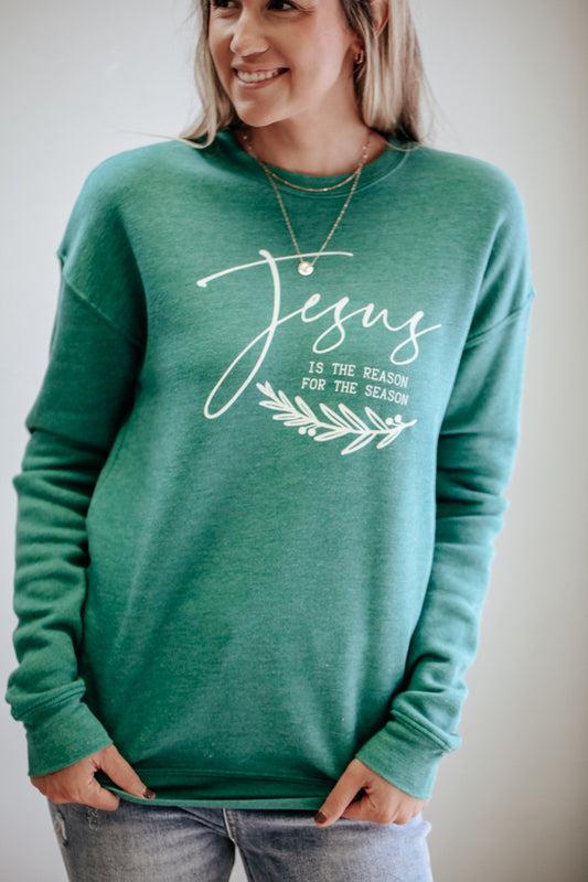 womens green graphic sweatshirt jesus is the reason for the season