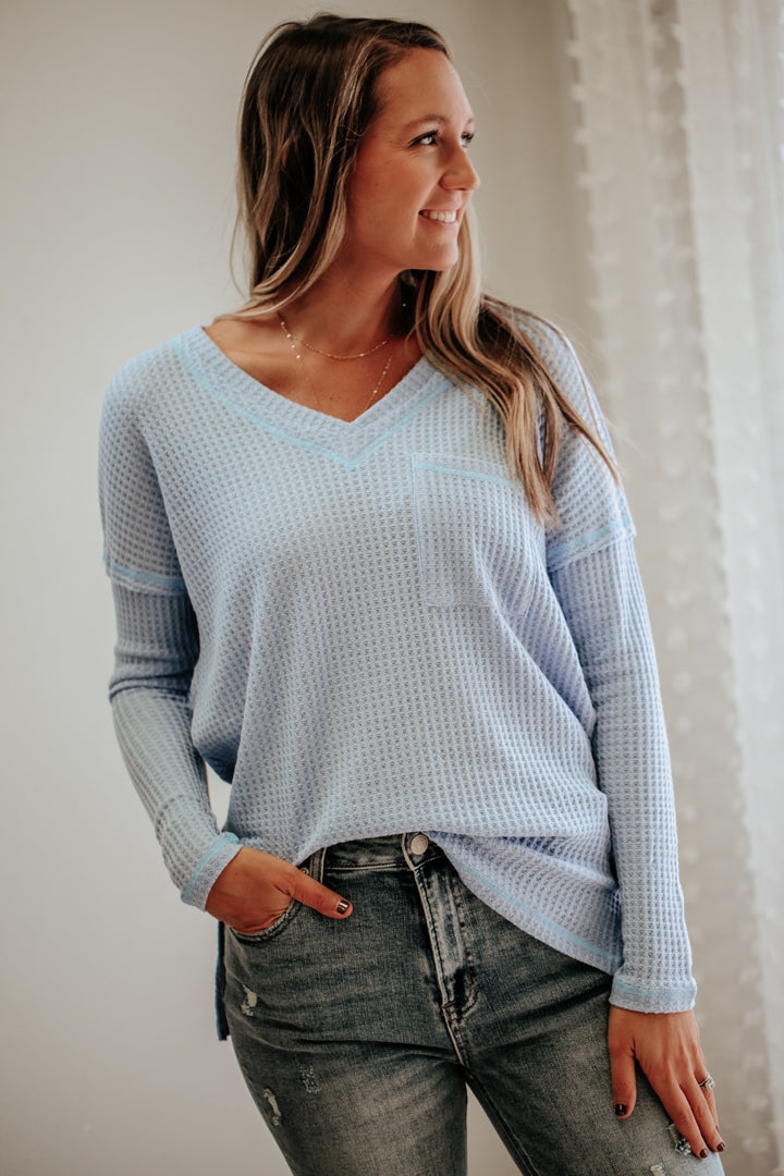 womens waffle knit blue pocket drop shoulder long sleeve