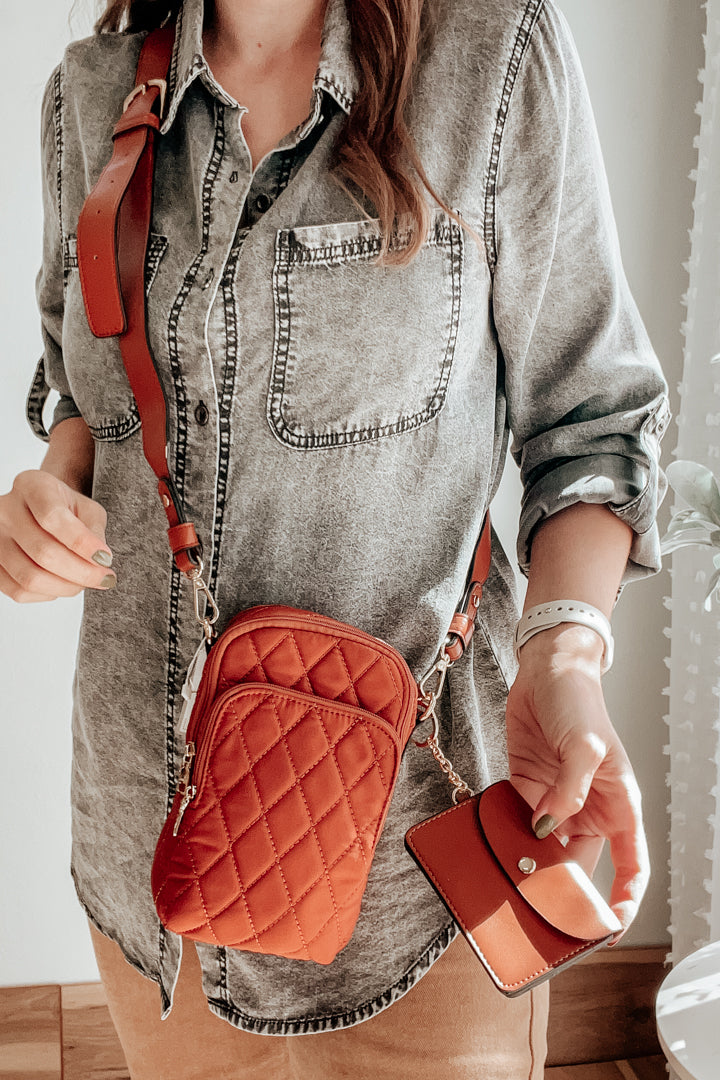 cross body quilted rust purse