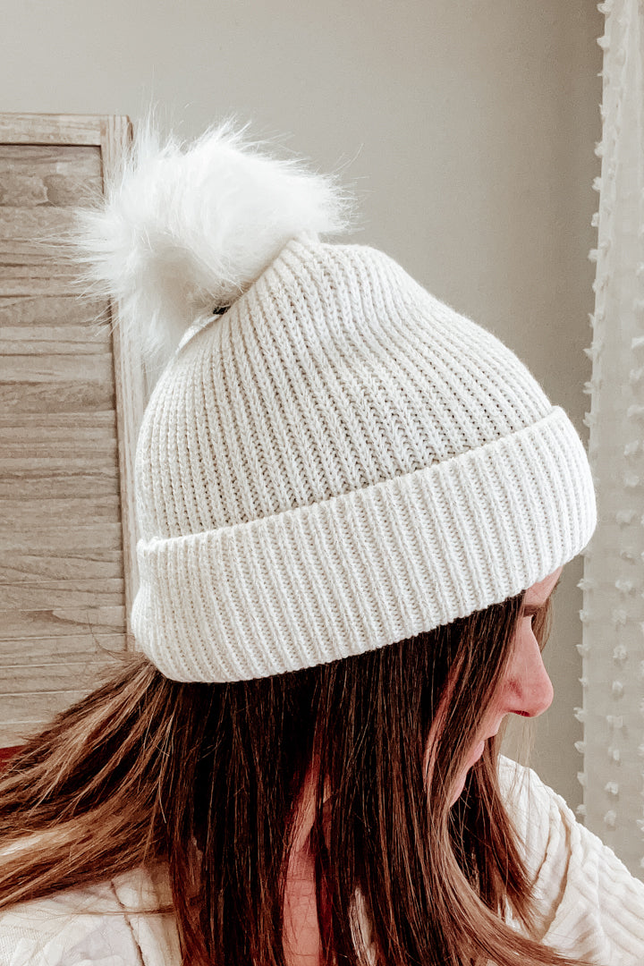 womens white metallic knit hat beanie with fur pom