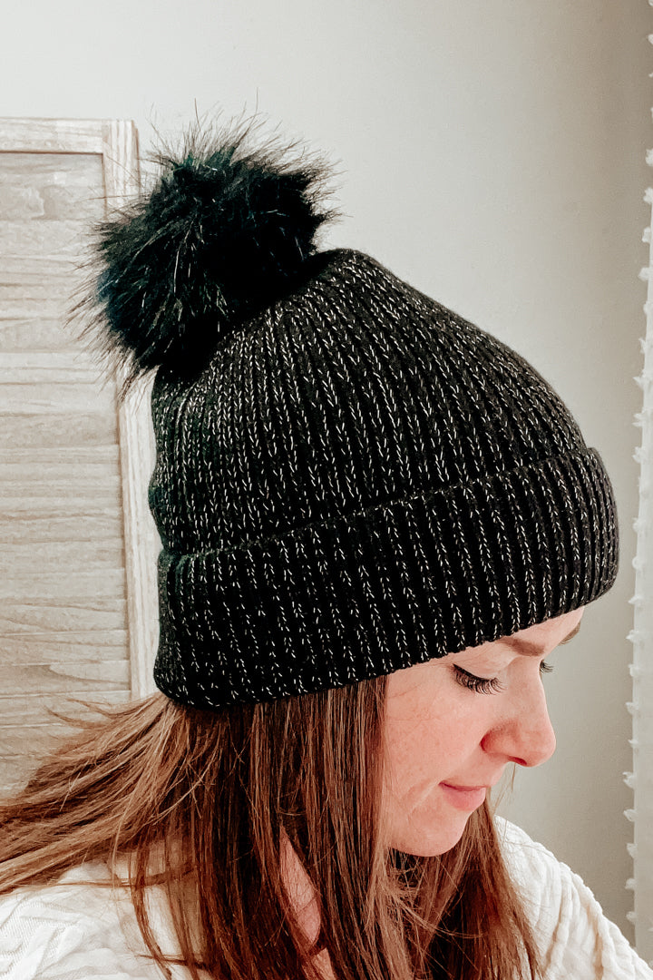 womens black metallic knit hat beanie with fur pom