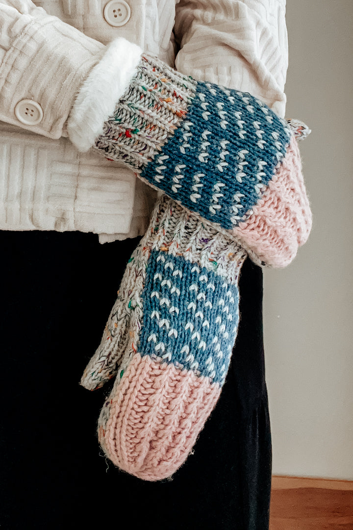 knit fur-lined mittens color block blue blush