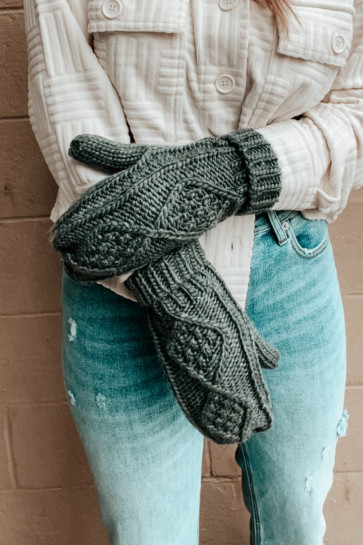 diamond cable knit mittens charcoal grey