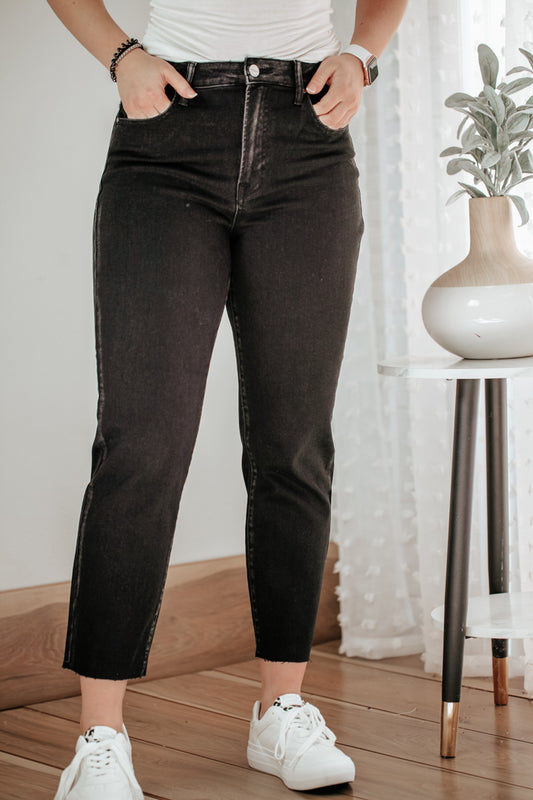 womens black stretch denim straight leg jeans high rise mom jean risen
