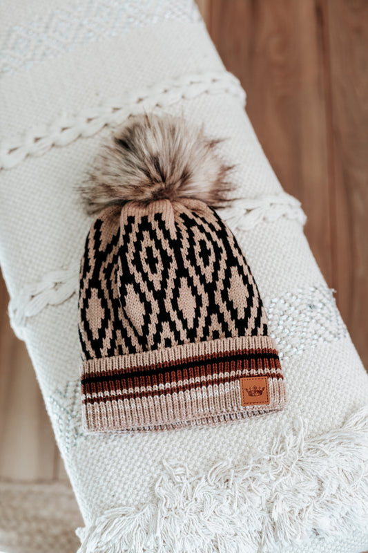 womens knit fur pom beanie hat taupe brown fair isle