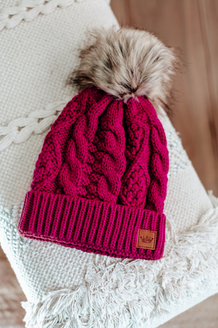 womens cable knit fur pom beanie hat magenta
