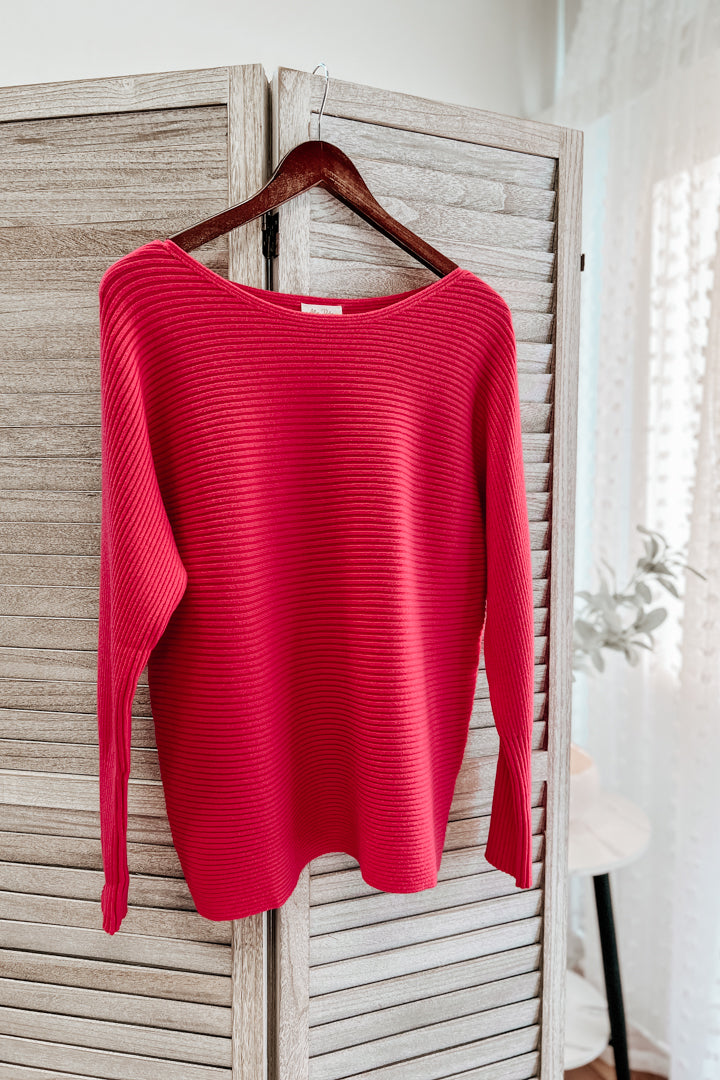 plus size womens rib knit boat neck long sleeve sweater hot pink