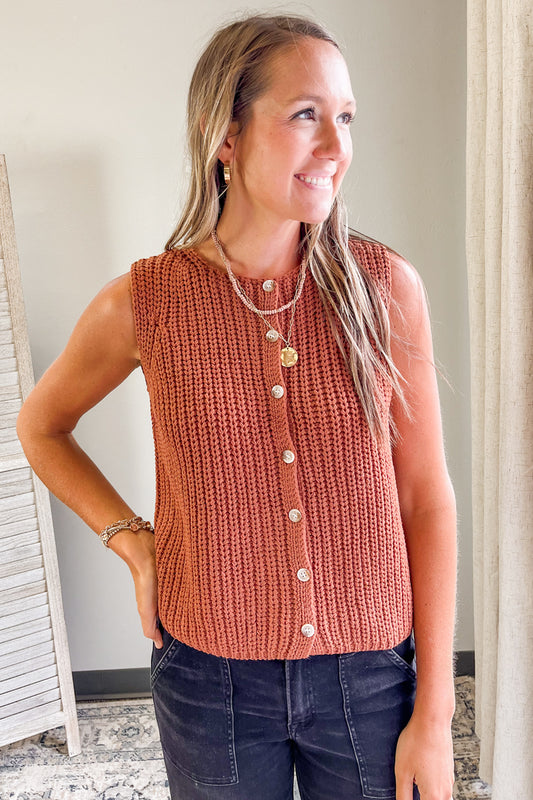 Women's rib knit sweater vest with button front