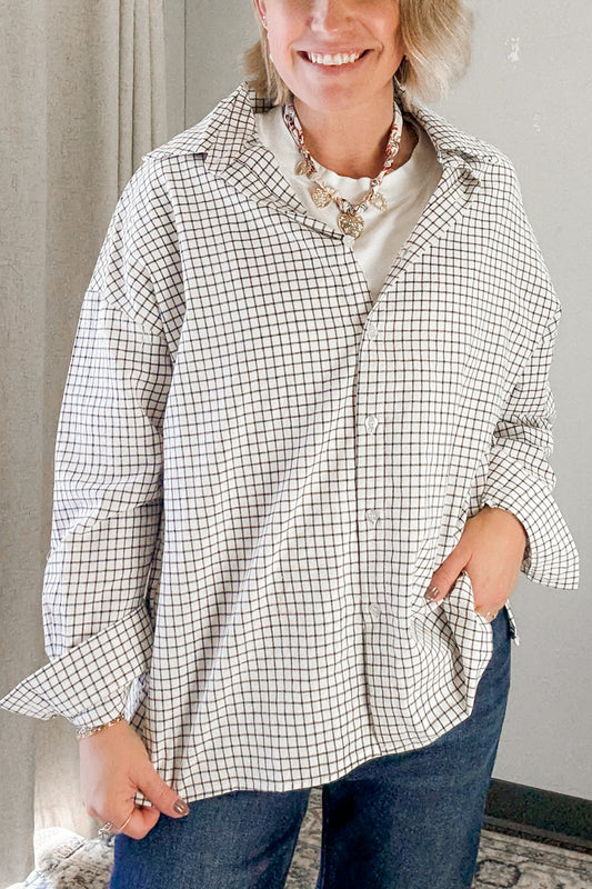 Women's oversized plaid button up shirt white check