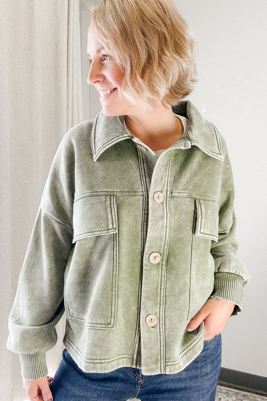 Women's acid wash fleece shacket olive green