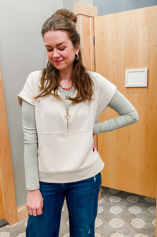 half zip sleeveless vest top kangaroo pocket cream