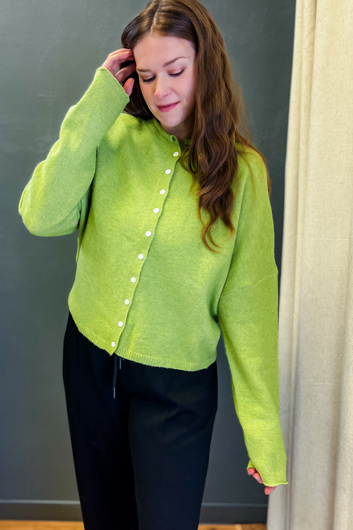 Cozy, relaxed-fitting button up cardigan lime matcha green