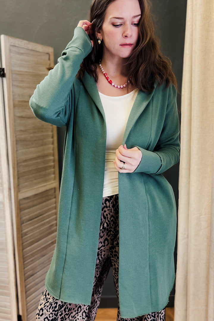 Mineral washed longline open hooded cardigan with pockets