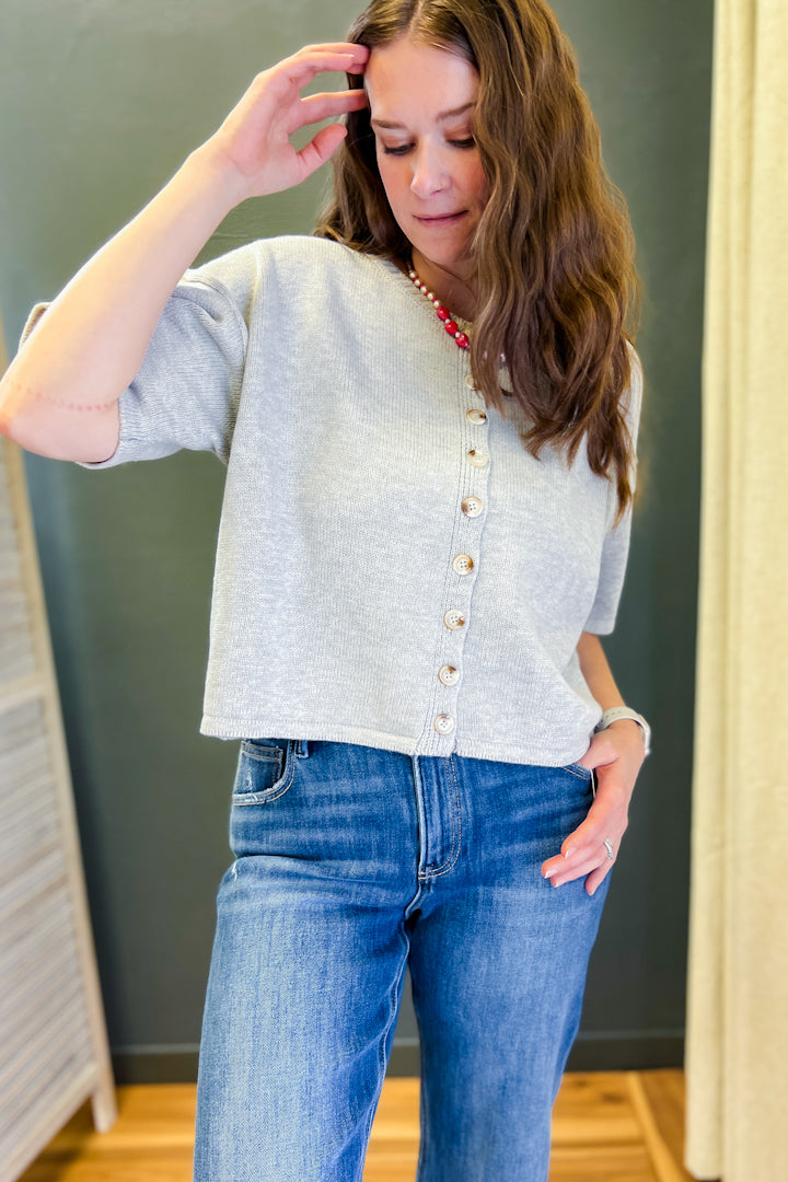 Oversized, boxy button up cardigan sweater grey