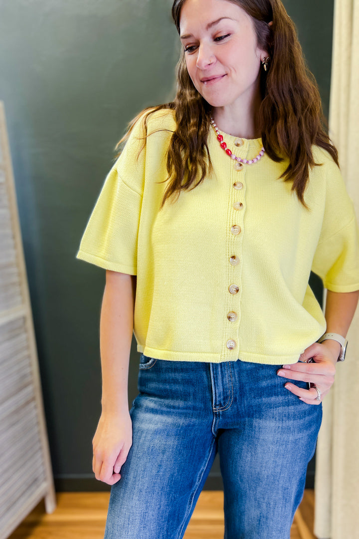 Oversized, boxy button up cardigan sweater yellow