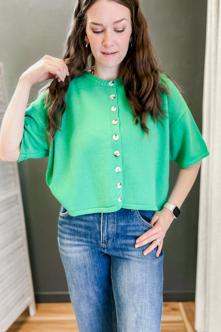 Oversized, boxy button up cardigan sweater green