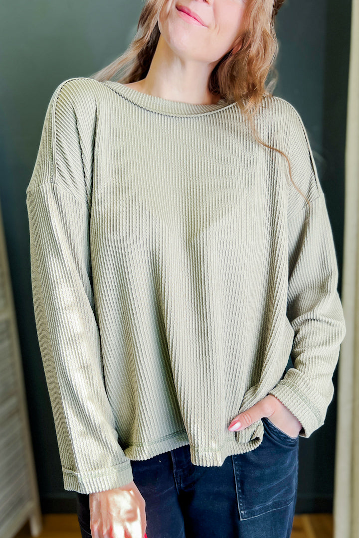 Ribbed crewneck top with raw seam details olive