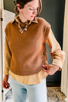 Side button detail knit sleeveless sweater for women brown
