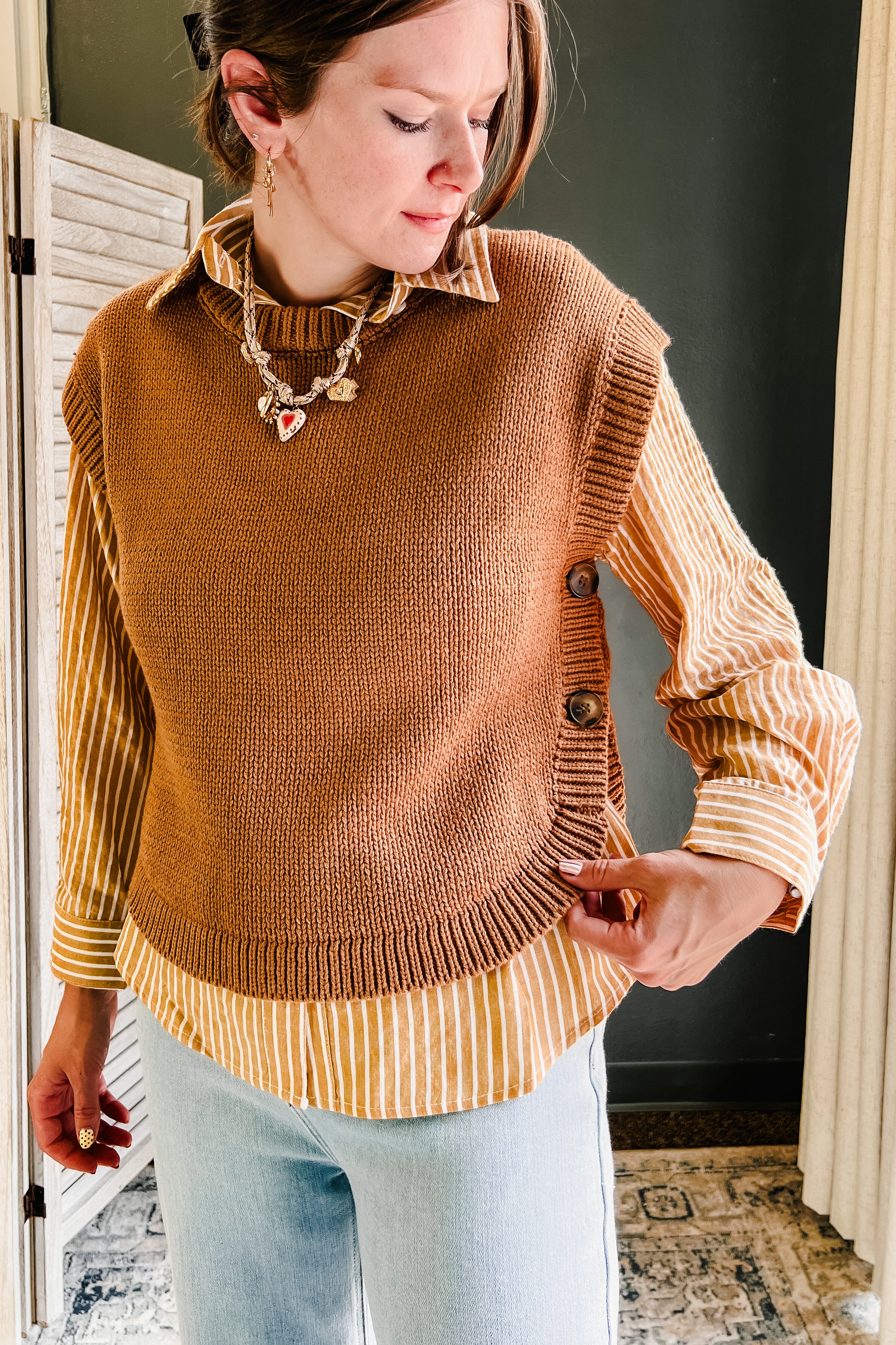 Side button detail knit sleeveless sweater for women brown