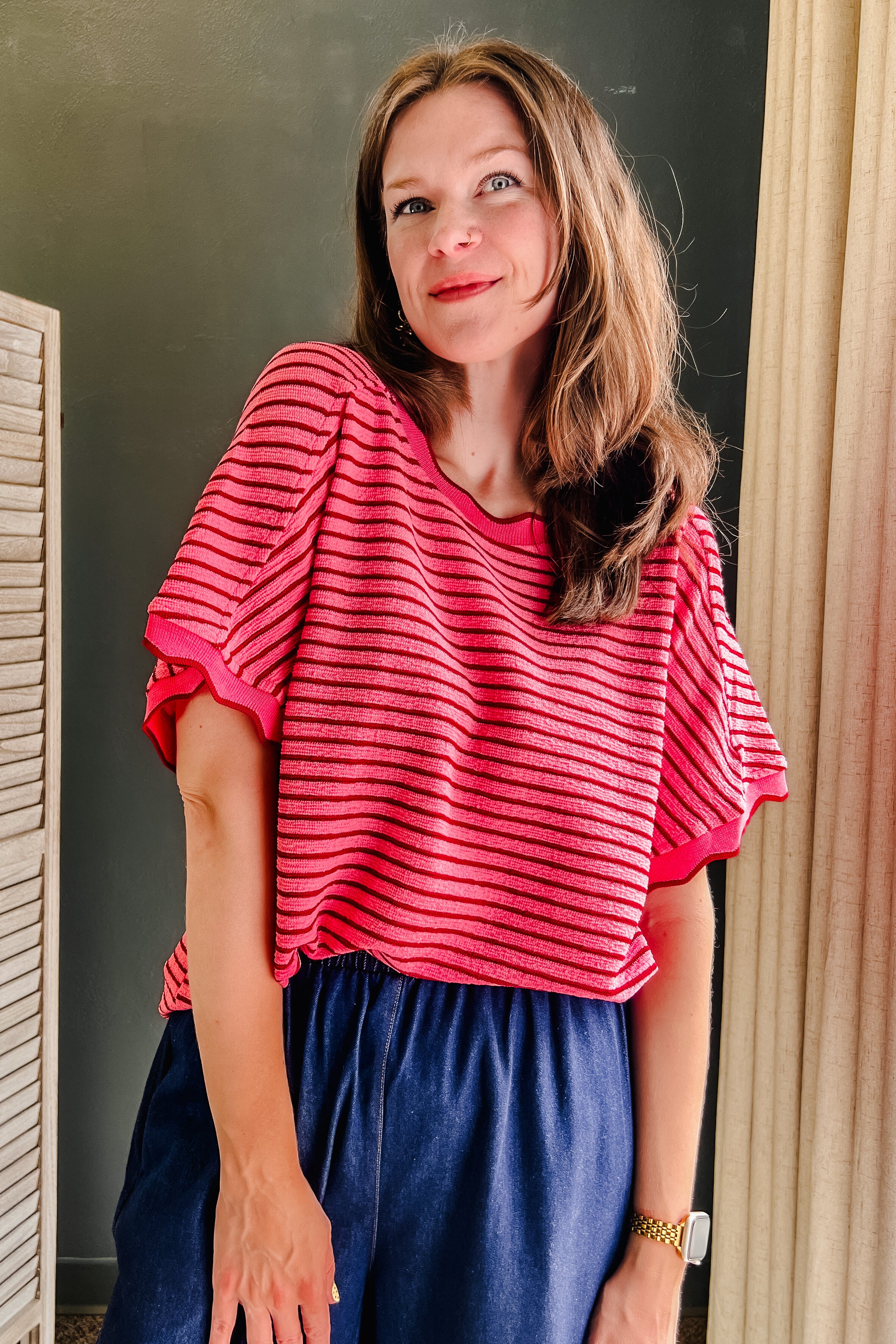 pink Stripe textured scallop trim top for women.