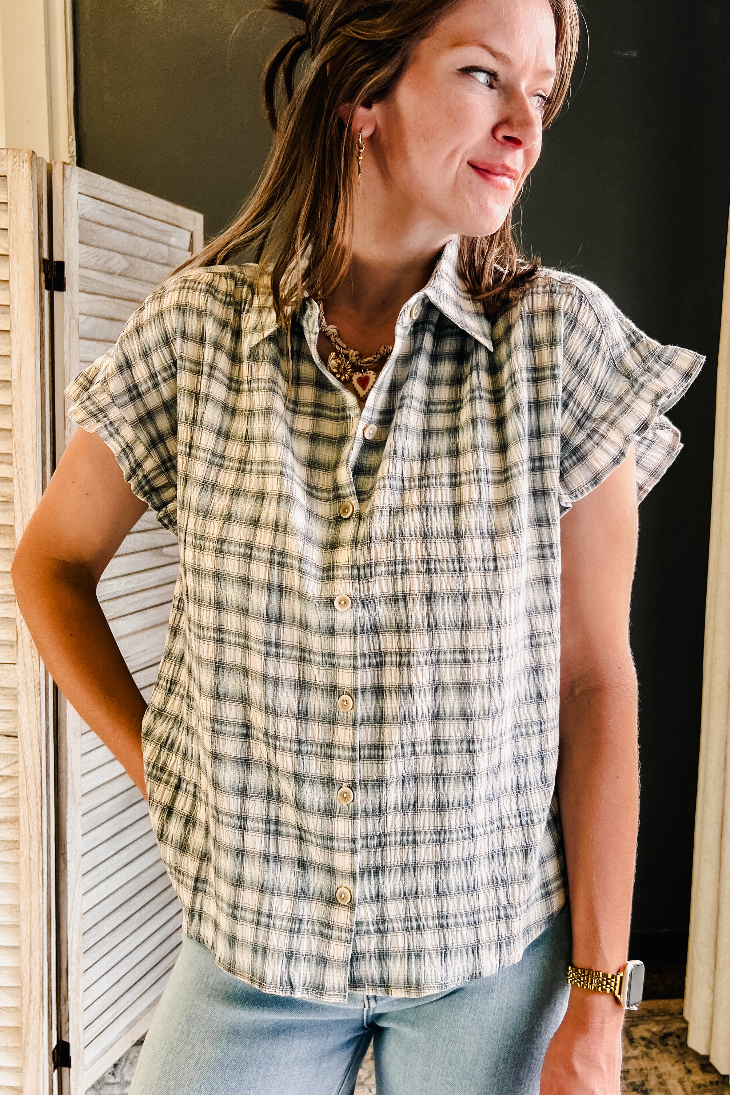 plaid ruffle short sleeve top blue