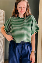 green Stripe textured scallop trim top for women.