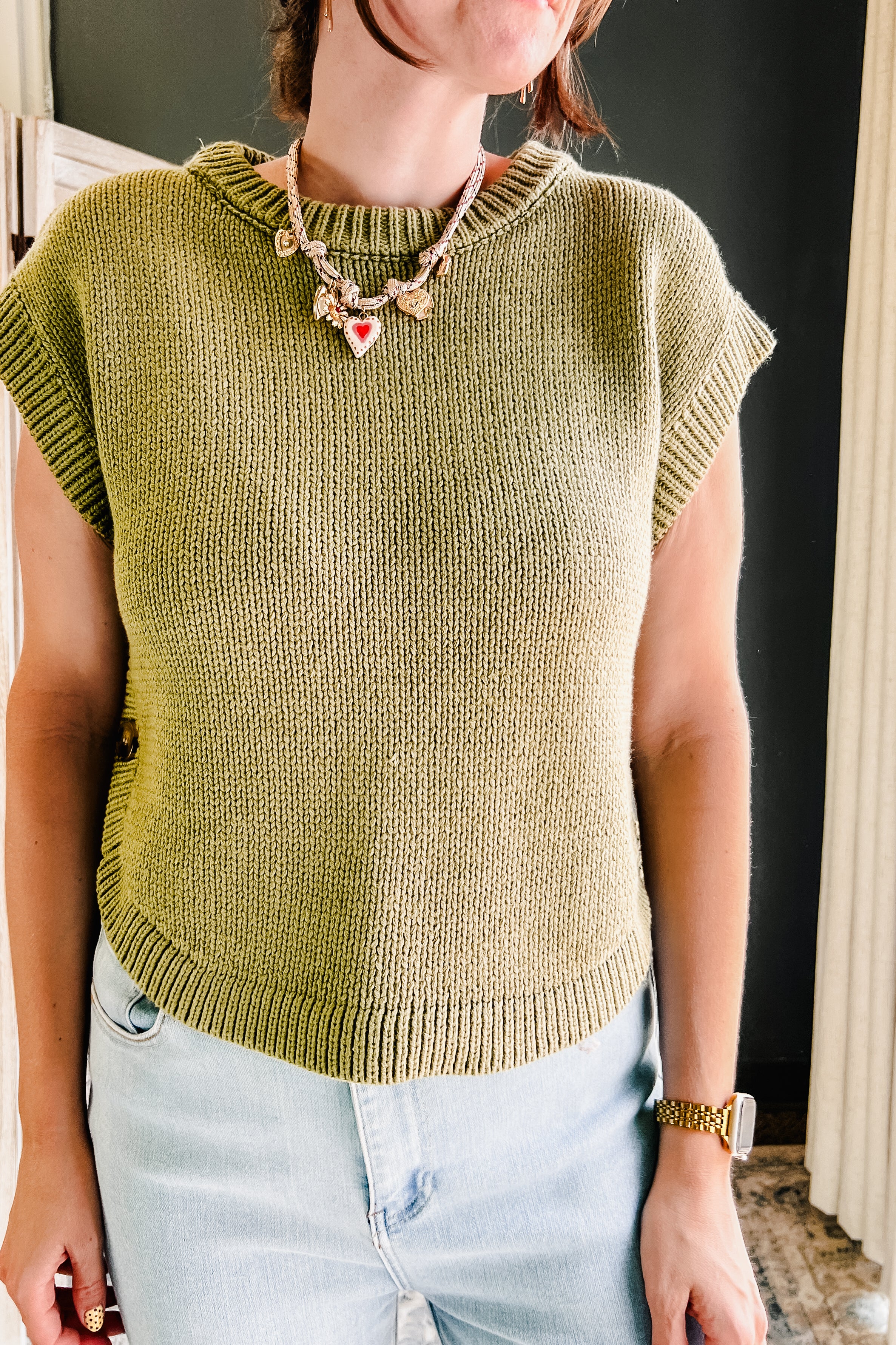 Side button detail knit sleeveless sweater for women olive green