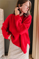 A long sleeve waffle knit top for women red