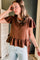 A scoop neck, flutter sleeve top with side ties with flowy ruffle bottom for women brown