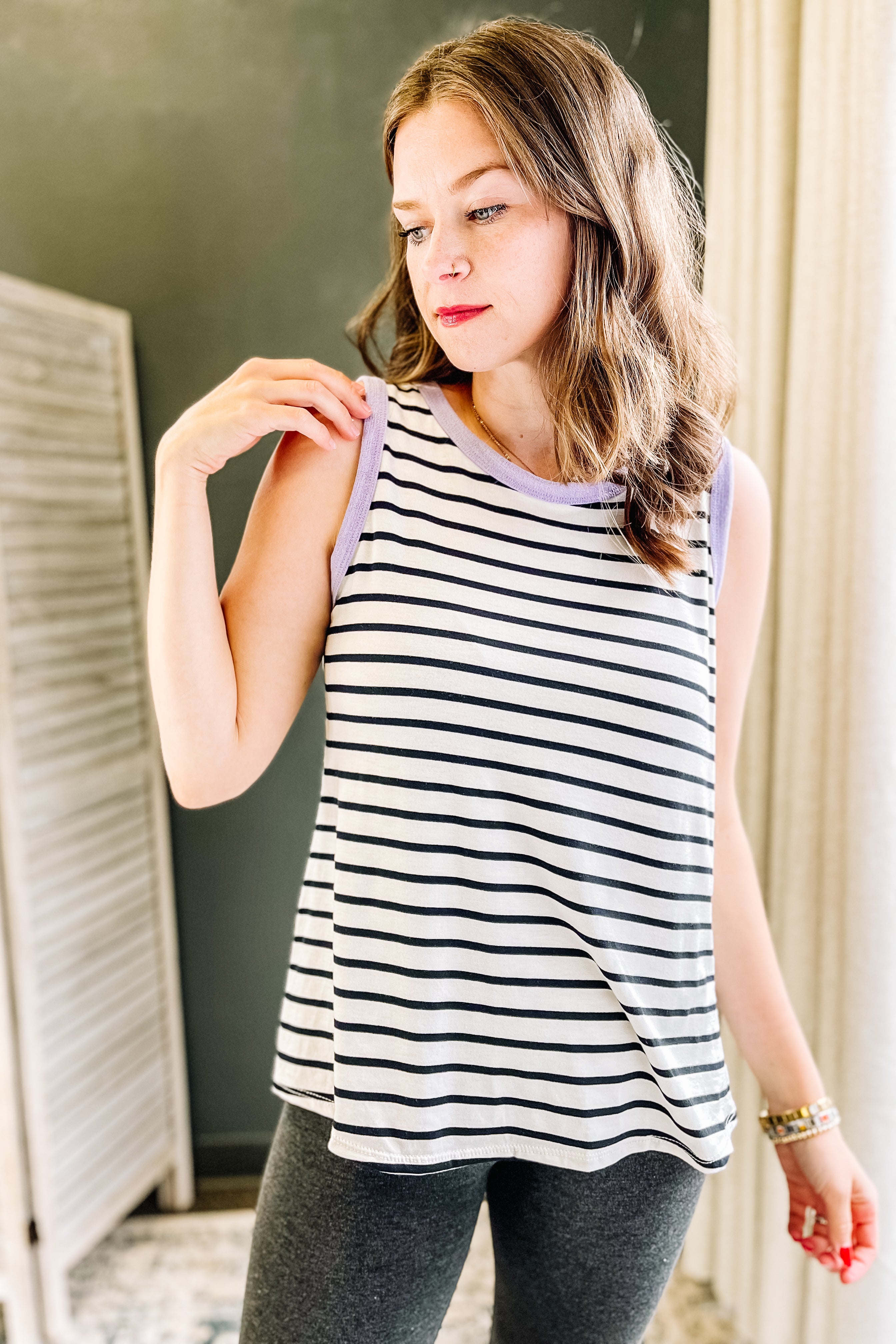 Flowy striped tank top with contrast  purple
