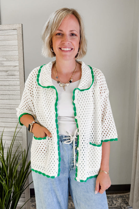 Women's knit crochet cardigan top with front pockets