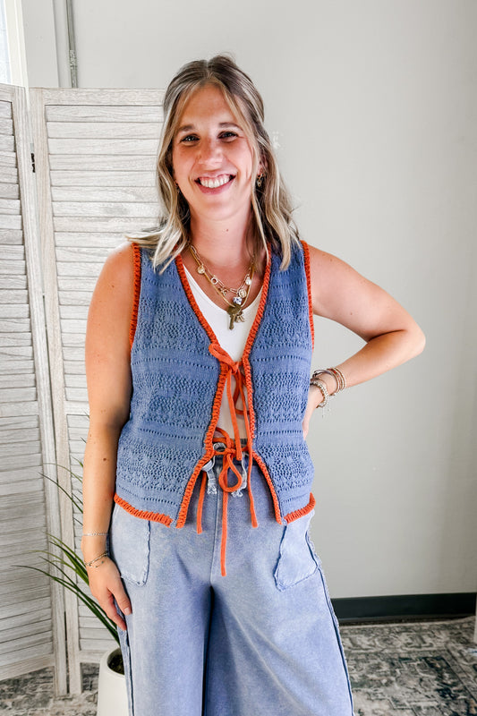 Women's crochet tank with tie front detail blue orange