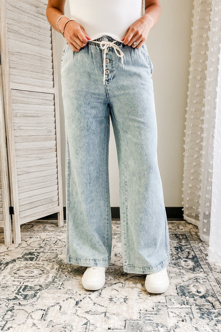 Women's drawstring waist denim pants blue stripe